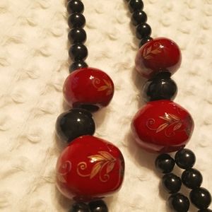 Black and Red beaded obsidian ball necklace